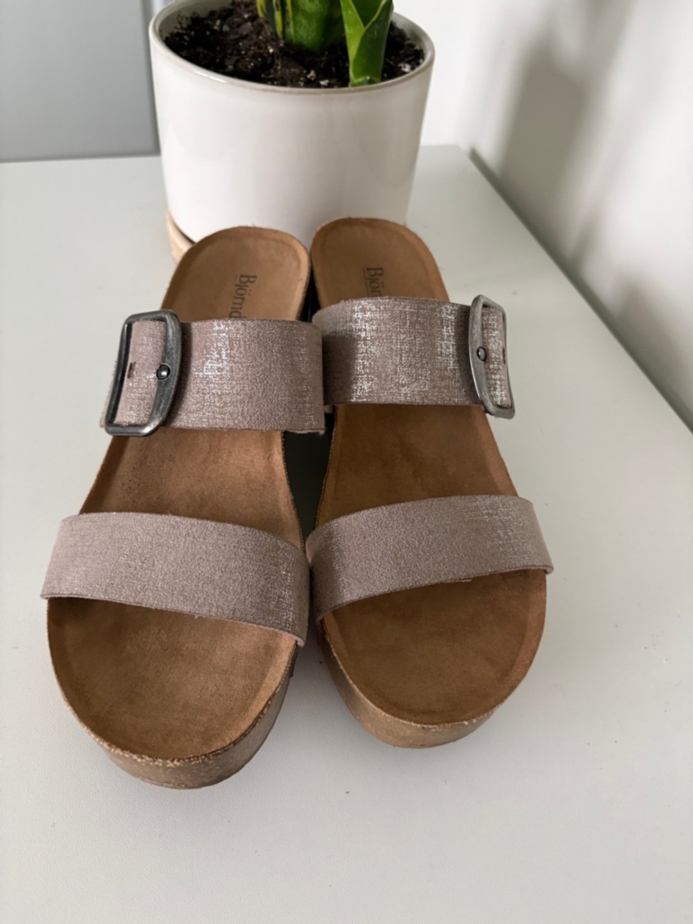 Women's Bjorndal Shimmery Taupe Wedge Slide Sandals with Buckle - Picture 4 of 12